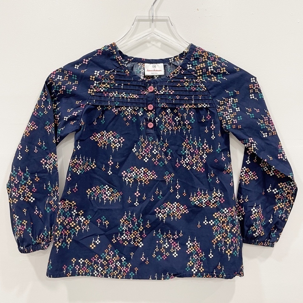 Hanna Andersson Navy Printed Pintuck Popover Cotton Top 130